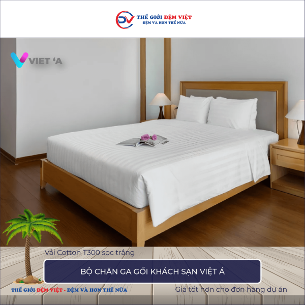 Bộ chăn ga gối khách sạn Việt Á Cotton T300 sọc trắng 4